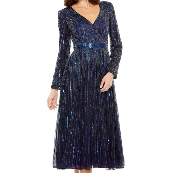 MAC DUGGAL 5528 LONG SLEEVE TEA LENGTH MIDNIGHT NAVY MIDI GOWN sz 22 - Picture 4 of 4